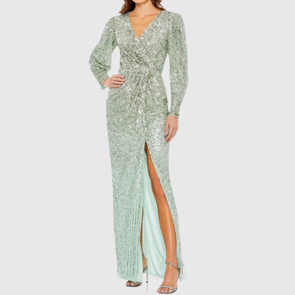 MAC DUGGAL Embellished Faux Wrap Puff Sleeve Gown SEA Light Green Color -Reemoly